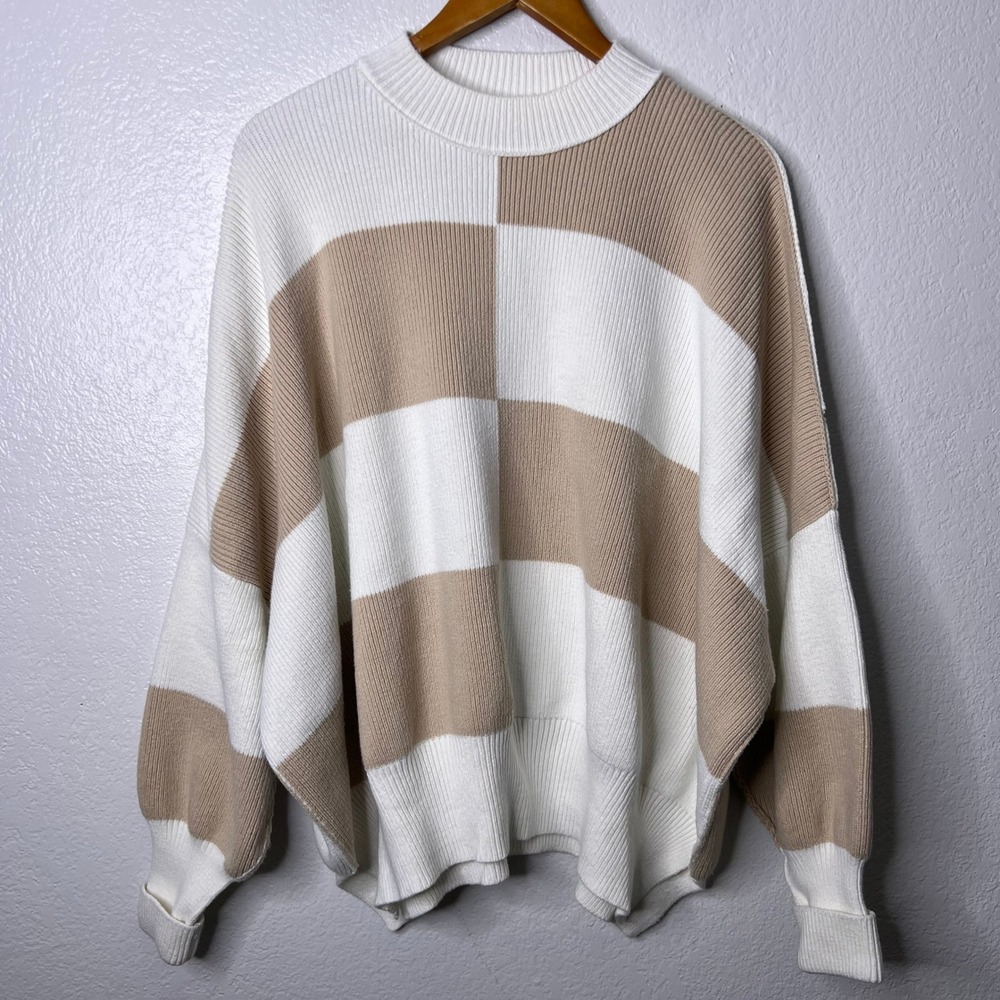 Free People Easy Street Checkered Oversized Tunic Sweater Tan Cream Size Small - Picture 2 of 7